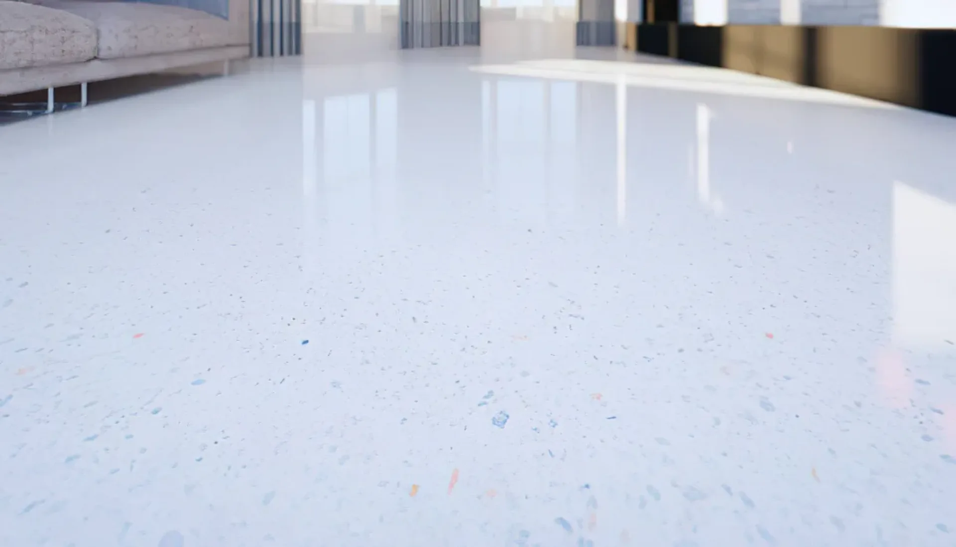Polished terrazzo floor showing its stone aggregate, restored in New York