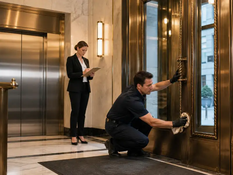 architectural metal maintenance technician cleaning brass door lobby