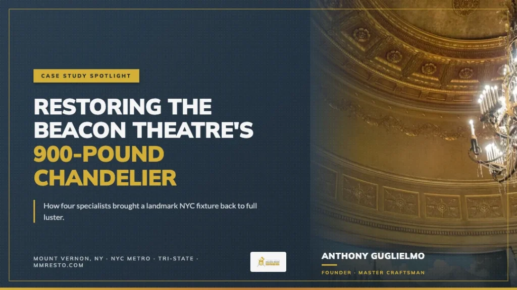 Restored 900-pound chandelier in the Beacon Theatre rotunda by Metal Man Restoration