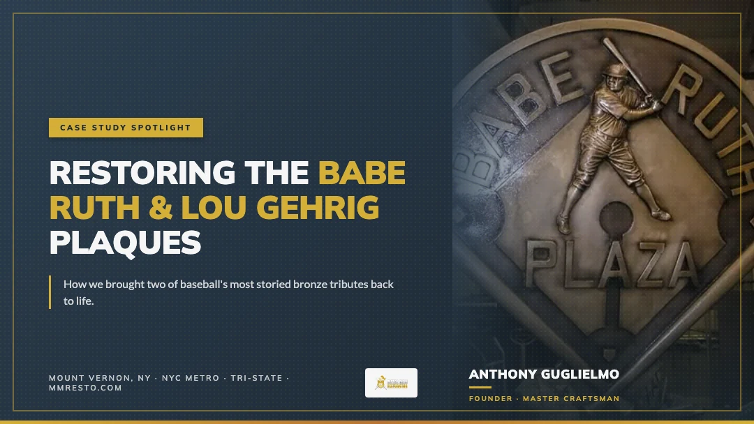 Restored bronze Babe Ruth and Lou Gehrig plaques from Babe Ruth Plaza and the Bronx County Courthouse