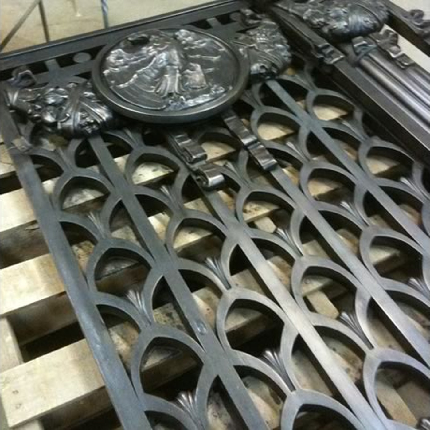 Ornamental bronze gate from the Alexander Hamilton US Custom House during shop restoration