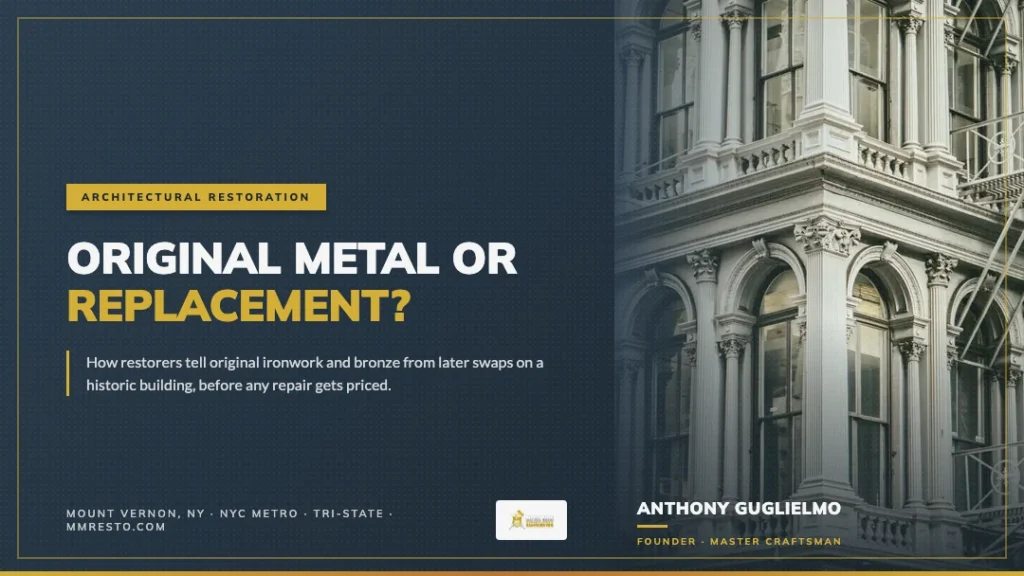 Identifying original metal vs. replacement on a historic building, title card over a cast iron facade